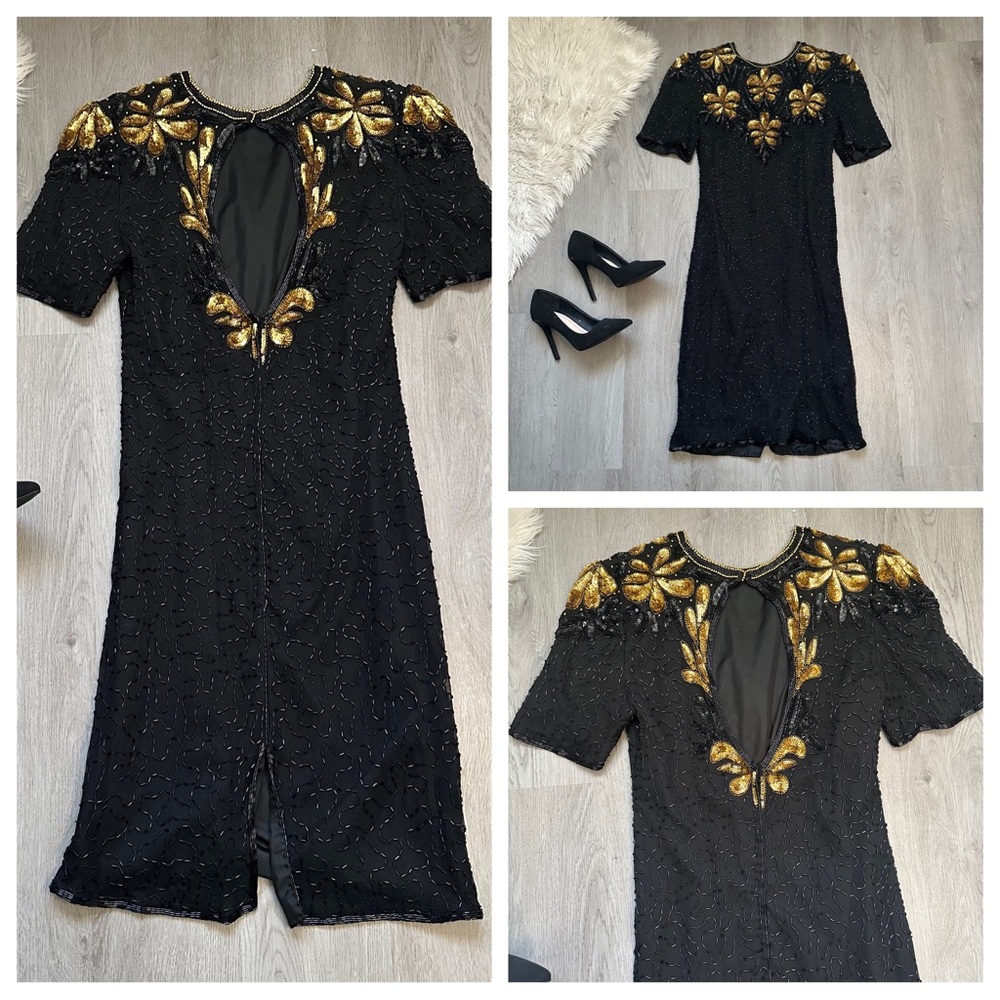 Vintage Jakelin Designs Black Gold beaded Open Back Cocktail NYE Valentine Dress